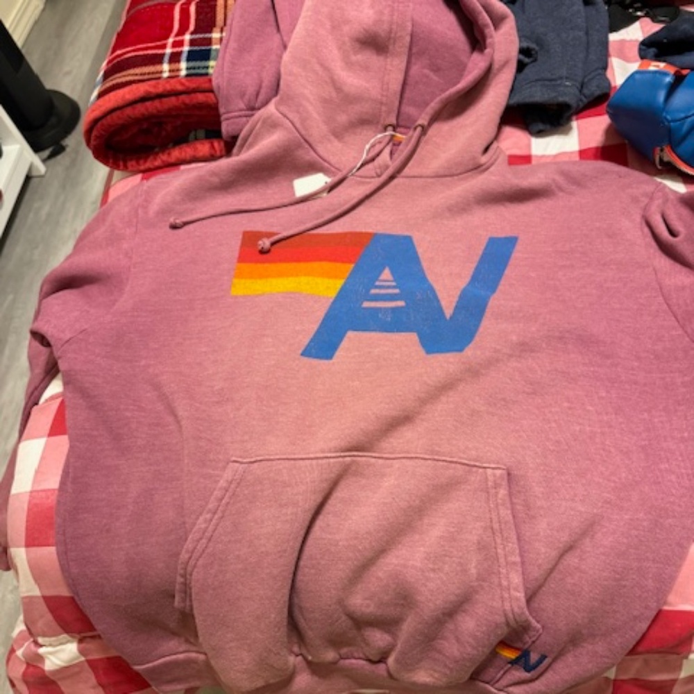 Aviator Nation Pink Hoodie with Blue and Rainbow Logo